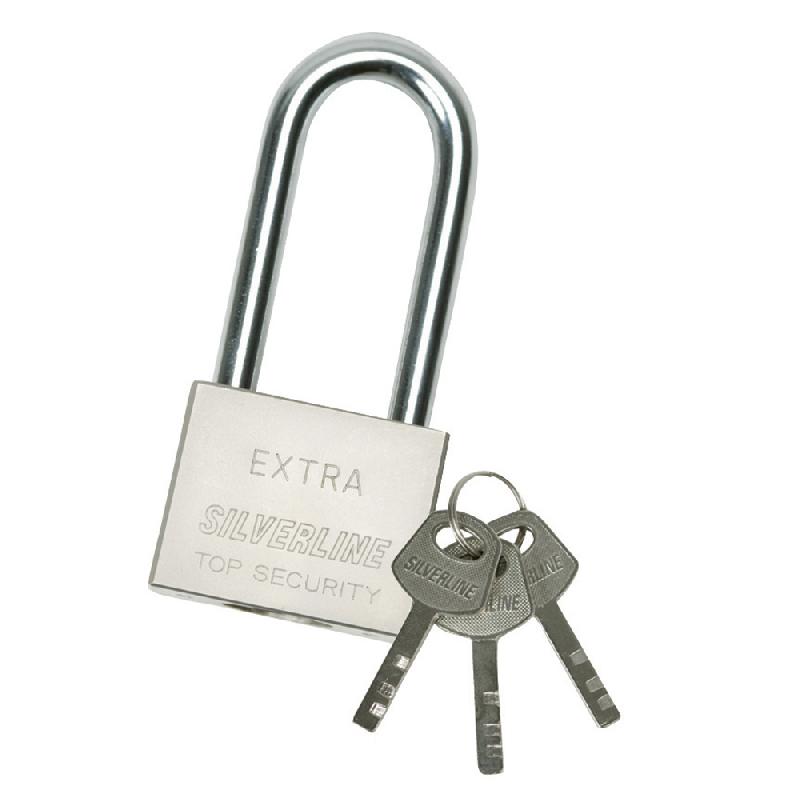 Cadenas à anse longue 40 mm Silverline 199876 - acier massif, cylindre en laiton, anse trempée chromée_0