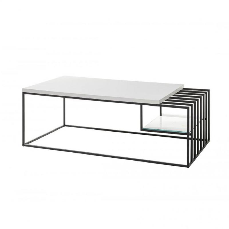 Table basse JULLY - Blanc mat et métal noir - Style industriel avec plateau 120x60 cm_0