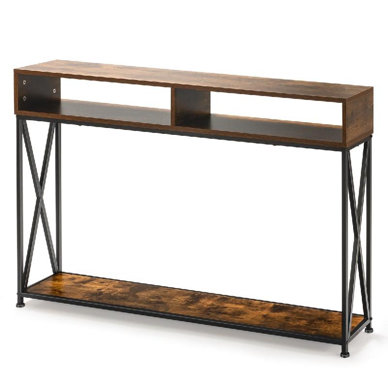 Helloshop26 - Table console industrielle étroite 120 x 23 x 79 cm avec étagères ouvertes et système anti-basculement en acier marron 20_0013829 -_0
