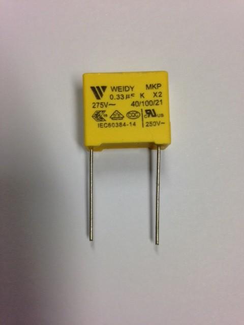 Condensateur X2 0.33µF 275VAC - Antiparasitage - Pas 16.5mm - Pattes longues 22mm_0
