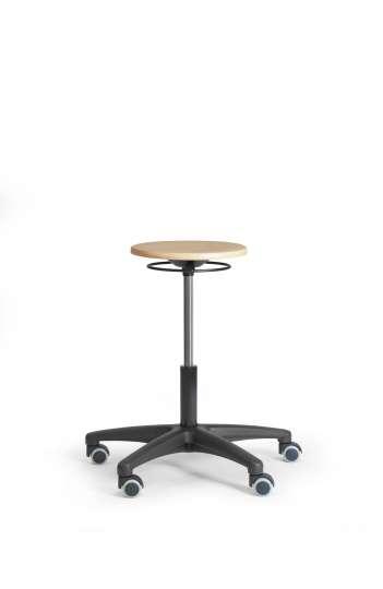 Tabouret assise bois - Réf : TABBOISPRCVMRS - réglable, piètement nylon et roulettes sols durs_0