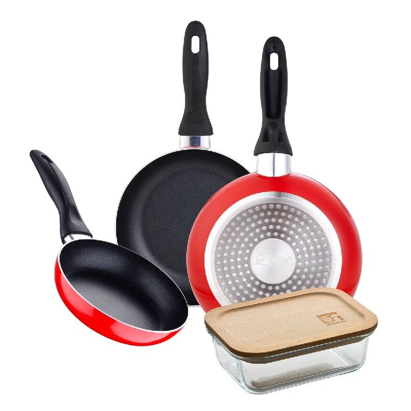 BERGNER - Set 3 poêles Ø16/20/24cm en aluminium pressé compatibles induction Navy Red avec récipient hermétique NATURALLY 650 ml en verre borosil_0