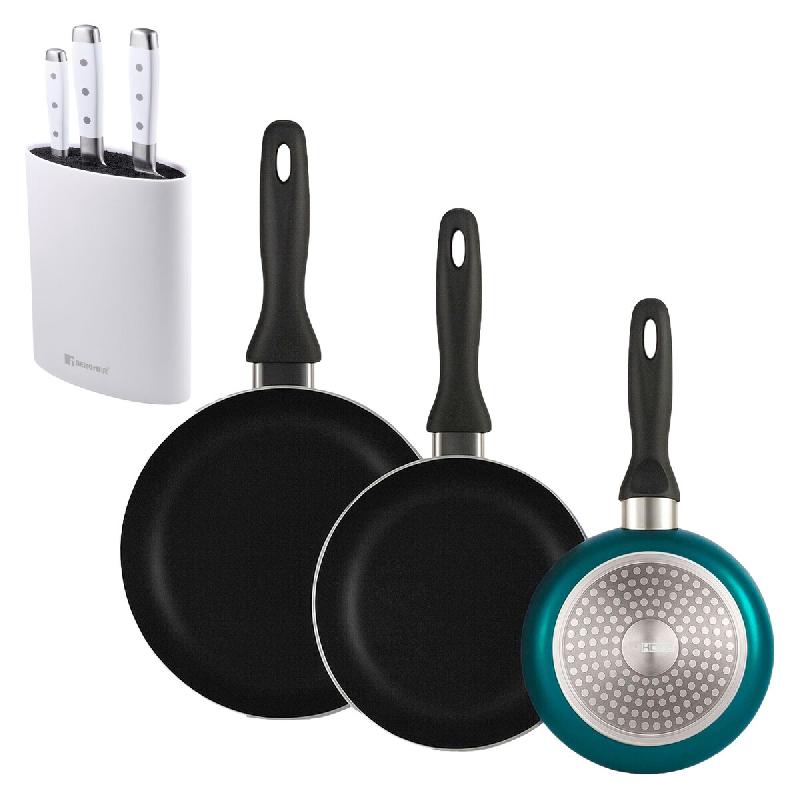 BERGNER - Set de 3 poêles Ø16/20/24cm en aluminium pressé bleu métallisé avec jeu de 3 couteaux en acier inoxydable avec bloc à couteaux - PK9851_0