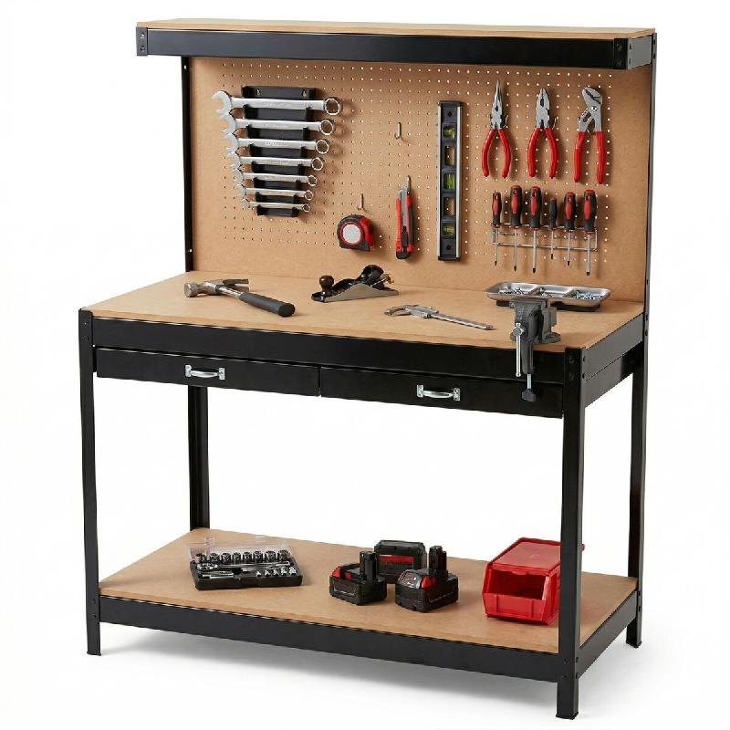 Etabli d'atelier Panneau porte outils perforé Charge 100kg Etagère + Tiroir de rangement Bricolage 120x60 xH150cm PROWELTEK - noir acier 3701599337825_0