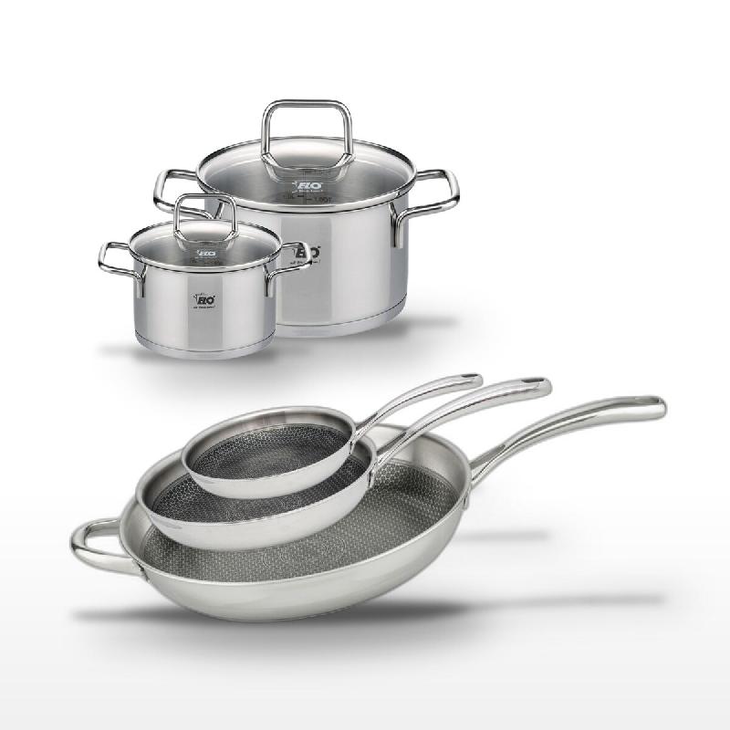 Lot de 3 Poêles Elo Relief Evolution 24/28/32 cm et 2 Faitouts Elo Citrin 14/20 cm - gris inox 3176239955484_0