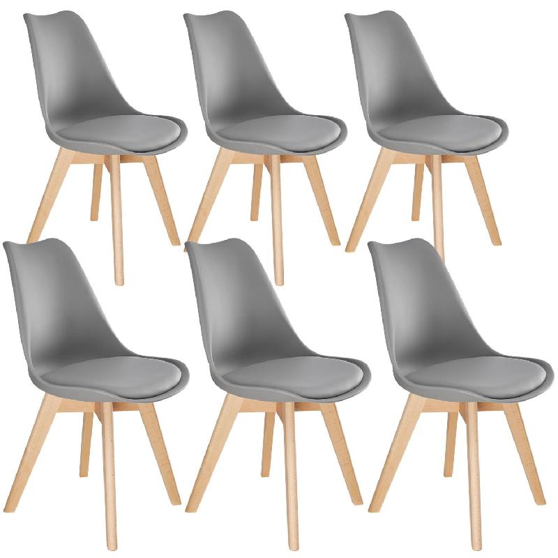 LOT DE 6 CHAISES PIEDS EN BOIS CLAIR SIÈGE DE SALON CUISINE SALLE À MANGER DESIGN MINIMALISTE ÉPURÉ ERGONOMIQUE GRIS 08_0000141_0