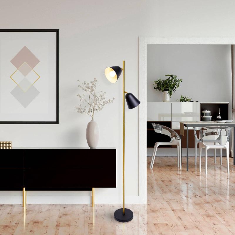 NÄVE LAMPADAIRE TRITON, NOIR ET DORÉ, À DEUX LAMPES