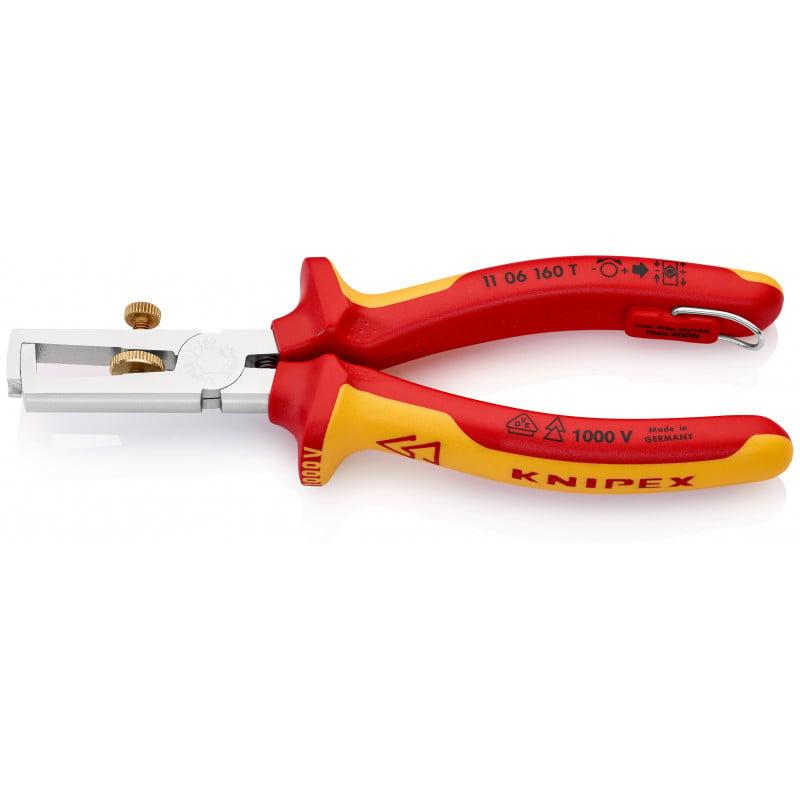 Pince à dénuder 160mm avec ressort Bi-matière Chromée 1000V Antichute SC - KNIPEX | 1106160TBK_0