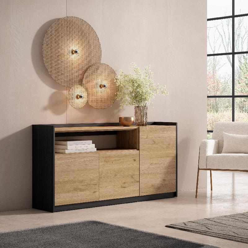 SKRAUT HOME - BUFFET SALON ET CUISINE, 156X80X37 CM, 3 PORTES, MEUBLE CHAUSSURE, CHÊNE ET NOIR