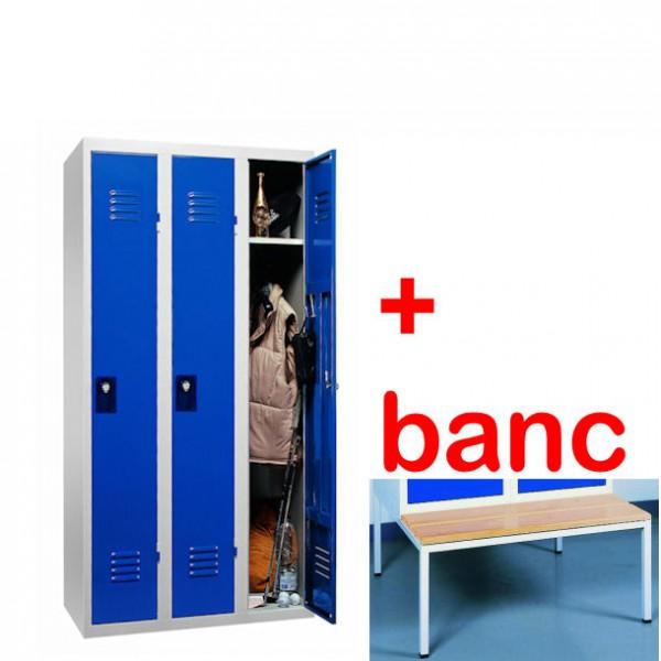 Vestiaire industrie propre monobloc 3 cases avec banc - structure en acier robuste - norme AFNOR D65-760_0