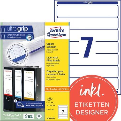 Avery Zweckform 700 étiquettes pour dos de classeur Laser blanches, format 192 x 38 mm (100 feuilles A4 / cdt) - blanc L4760-100_0