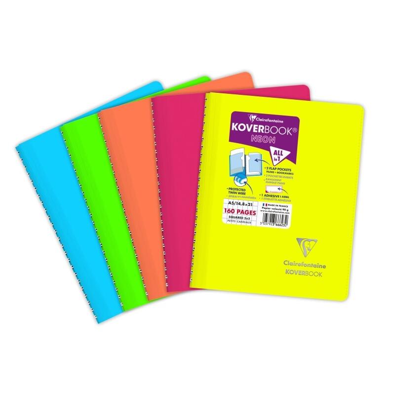 Clairefontaine Lot de 5 Carnet Kover Book Néon A5, 160p./80 feuilles 90 g/m² reliure intégrale, couv. Envel. Fluo assorties (5), quadrillé 5x5 - 3_0