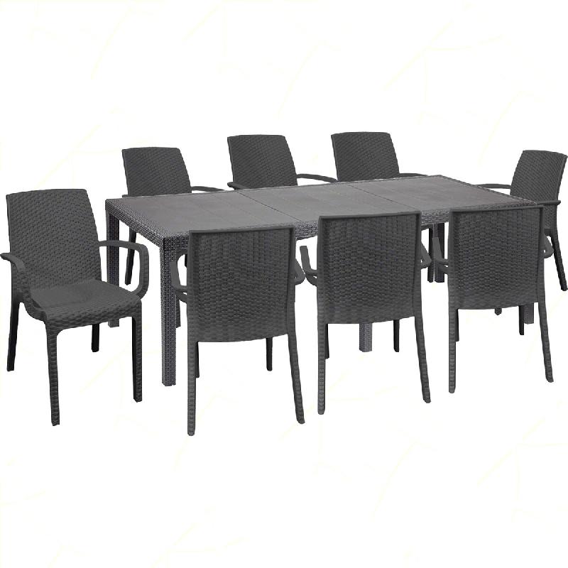 Ensemble de 8 fauteuils Indiana avec table rectangulaire Queen en rotin noir (220 x 90 cm). - noir plastique polypropylène 8050054388984_0