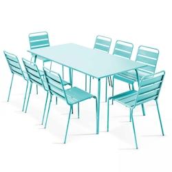Oviala Business - Ensemble table de terrasse rectangulaire et 8 chaises en acier turquoise - Protection anti-rouille et anti-UV - 109264_0