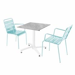 Oviala Business Ensemble table de terrasse stratifié marbre et 2 fauteuils turquoise - Oviala - bleu métal 110825_0