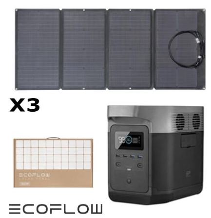 Kit station de charge portable 1800w - 1260wh ecoflow delta avec trois panneaux solaires pliables 160w