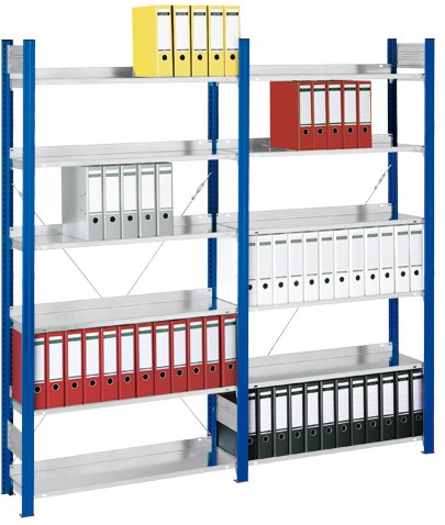 Rayonnage à classeurs simple accès - Modulaire et extensible - Charge 60kg par tablette - Hauteur réglable - Finition bleu gentiane et zinguée_0