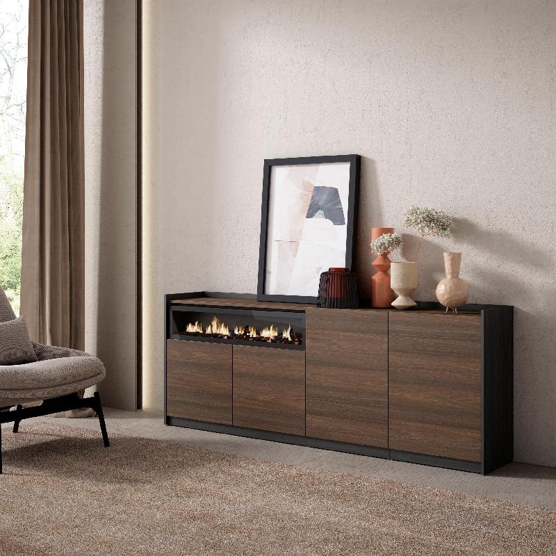 SKRAUT HOME - BUFFET SALON ET CUISINE, 207X80X37 CM, 4 PORTES, CHEMINÉE ÉLECTRIQUE, CHÊNE FONCÉ ET NOIR