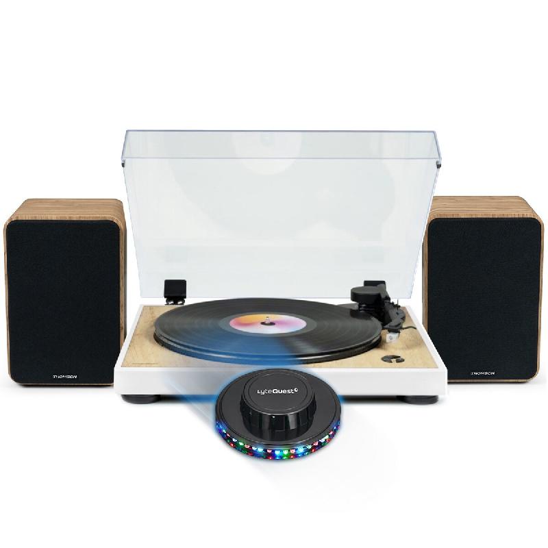 Tourne Disque Pré-amplifié Thomson TT301 Finition BOIS/BLANC - 33/45 tours, Bras AUTO Enceintes Bois 100W, Lumière OVNI LED - 3666638037688_0