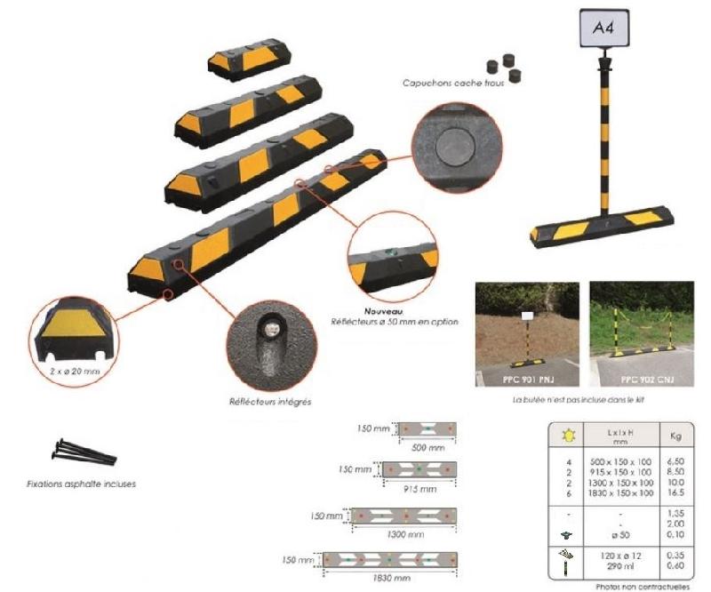 Butée de parking en caoutchouc - bandes réfléchissantes jaunes et passes câbles - 4 dimensions disponibles_0