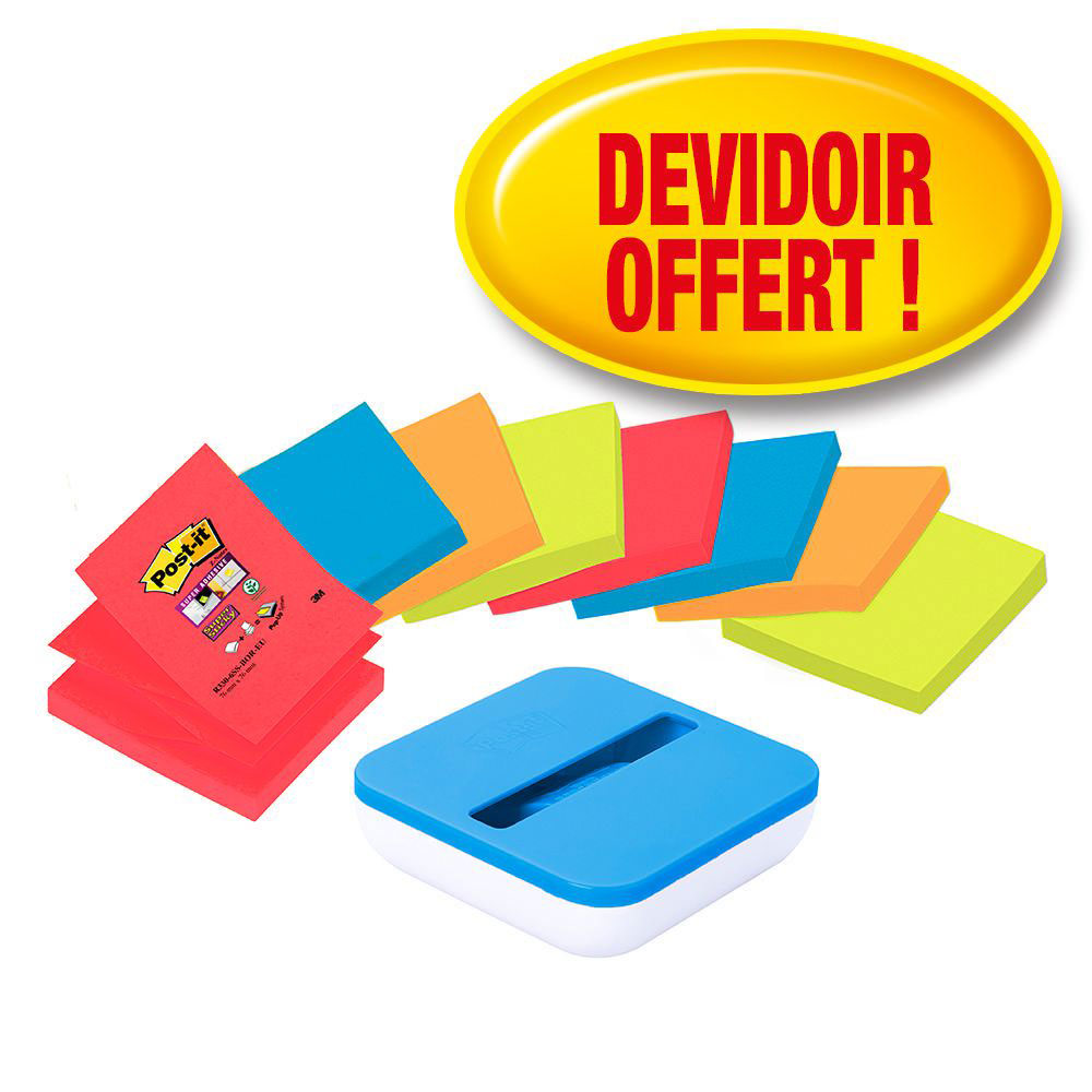 DEVIDOIR DE Z-NOTES POST-IT BLEU + 8 BLOCS SUPER STICKY 76 X 76 MM COLORIS ASSORTIS