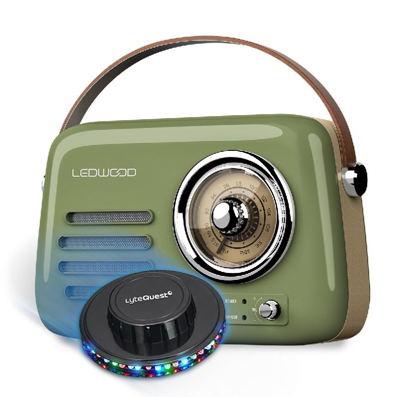 Radio Rétro portable Ledwood ALMA, FM, Bluetooth Entrée USB, Puissance 30W, Batterie 1500mAh, Retro Vintage Vert Olive, OVNI LED - 3666638036261_0