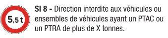 Signalisation d'interdiction SI 8 - Direction interdite aux véhicules avec PTAC ou PTRA > X tonnes_0