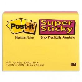 POST-IT LOT 4 BLOCS ASSORTIS SUPER STICKY 45 FEUILLES 20X14,9CM. COLORIS NÉON ROSE, VERT, ORANGE, JAUNE