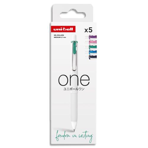 SET DE 5 UNI-BALL ONE ROLLER ENCRE GEL RETRACTABLE - 0,7 MM - COLORIS ASSORTIS - ECRITURE MOYENNE
