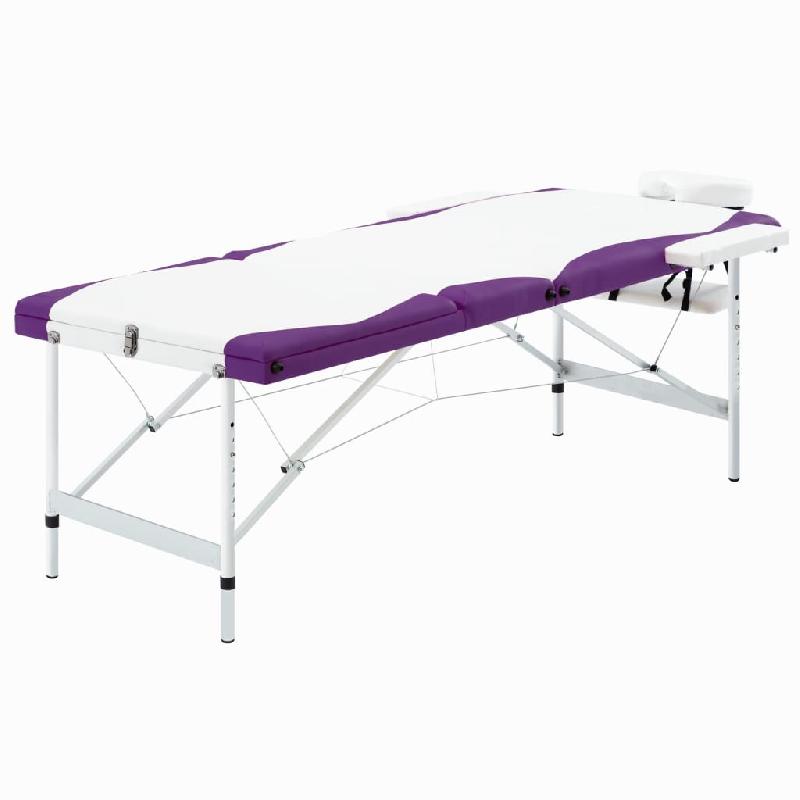 Table de massage pliable 3 zones en aluminium - Blanc et violet - Shiatsu Reiki - Coussin résistant à l'huile - Inclus sac de transport - Réf. 02_0001820_0