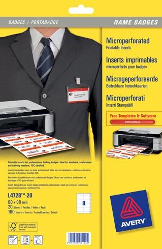 INSERTS MICROPERFORÉS AVERY POUR BADGE 60 X 90 MM - BOÎTE DE 160