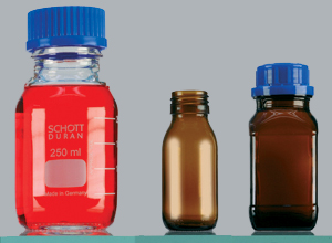Bouteilles en verre pour laboratoires - rondes ou carrées, claires ou ambrées, différentes contenances_0