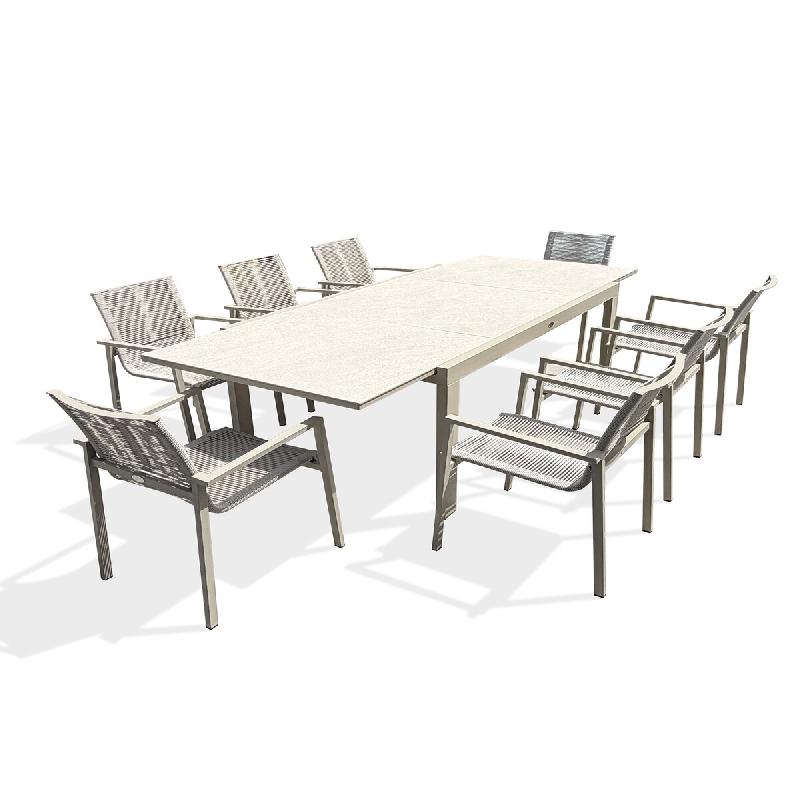 DCB GARDEN Ensemble table de jardin en aluminium et sinterstone avec rallonge intégrée coloris grège (160/240x100 cm) et 8 fauteuils - KALIBO - 370_0