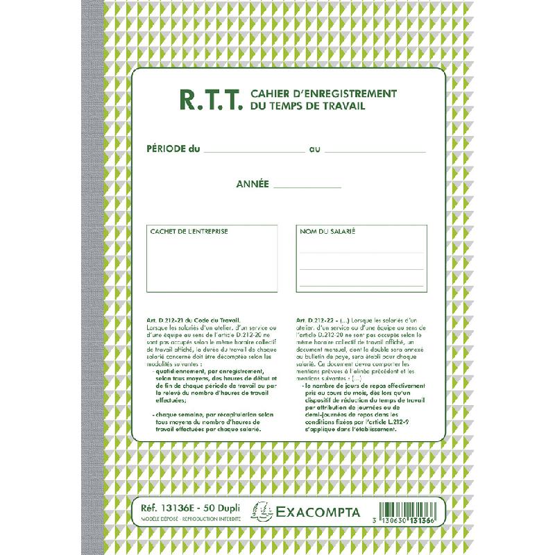 MANIFOLD R.T.T ENREGISTREMENT DU TEMPS DE TRAVAIL 50 FEUILLETS DUPLI AUTOCOPIANTS - LOT DE 5