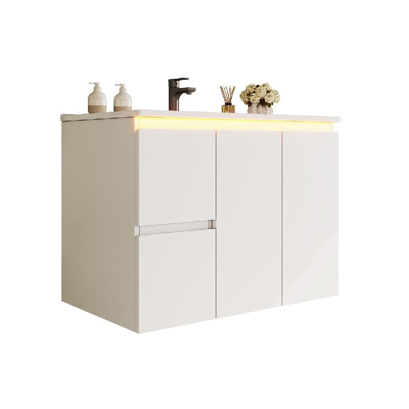 Merax meuble vasque mural 76x47x57 cm, meuble blanc avec vasque céramique, capteur LED radar, 2 tiroirs et Soft-Close - blanc multi-matériau NK00080_0