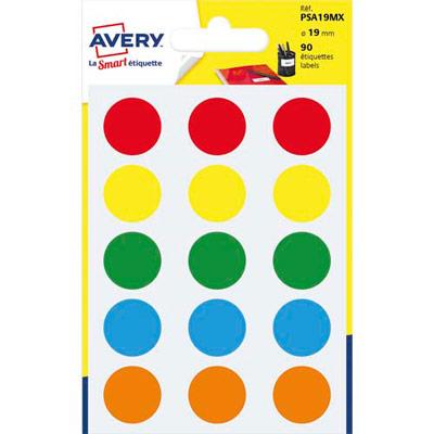 PASTILLES ADHESIVES AVERY - DIAMETRE 19 MM - POUR ECRITURE MANUELLE - COLORIS ASSORTIS - SACHET DE 90