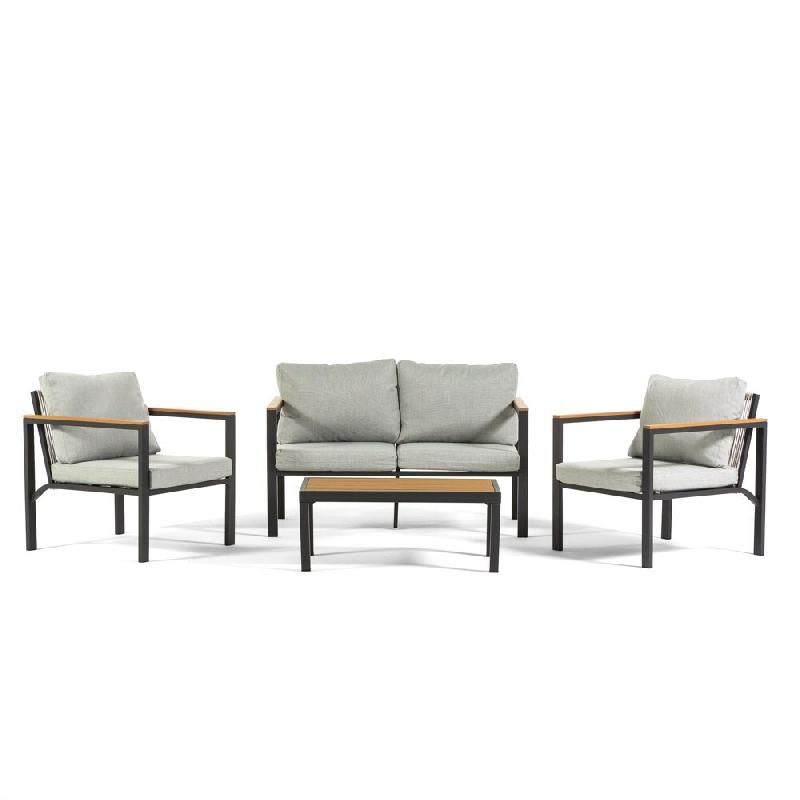 RATTATAN Salon de jardin avec canapé 2 places, 2 fauteuils et table basse en acier corde polywood avec coussins pour jardin terrasse - Ravello - gris_0