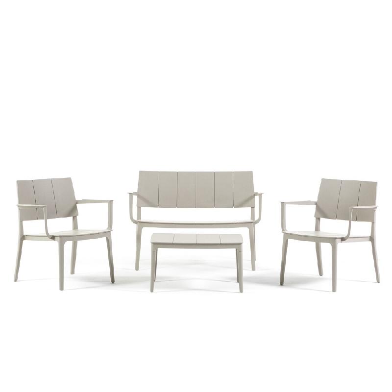 RATTATAN Salon de jardin avec canapé 2 places, 2 fauteuils et table basse en polypropylène empilable résistant pour terrasse, véranda, bar - Meran_0