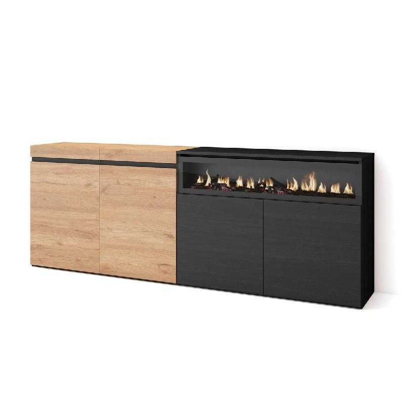 SKRAUT HOME Buffet salon et cuisine, 200x75x35cm, 4 Portes, Cheminée électrique, Chêne et noir - beige Bois manufacturé 62_15_0