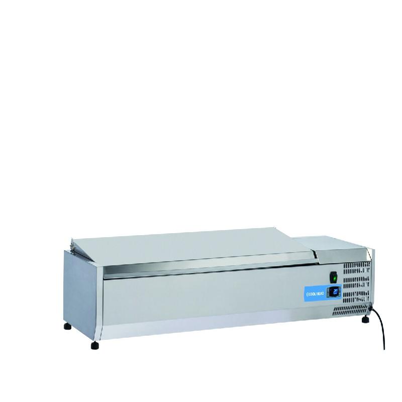 Vitrine réfrigérée en acier inoxydable pour 6 plateaux GN1/3. Dimensions (LxPxH) 140x39,5x28,1 cm. Température +2°C/+8°C. Tête froide VRX 14/38_0