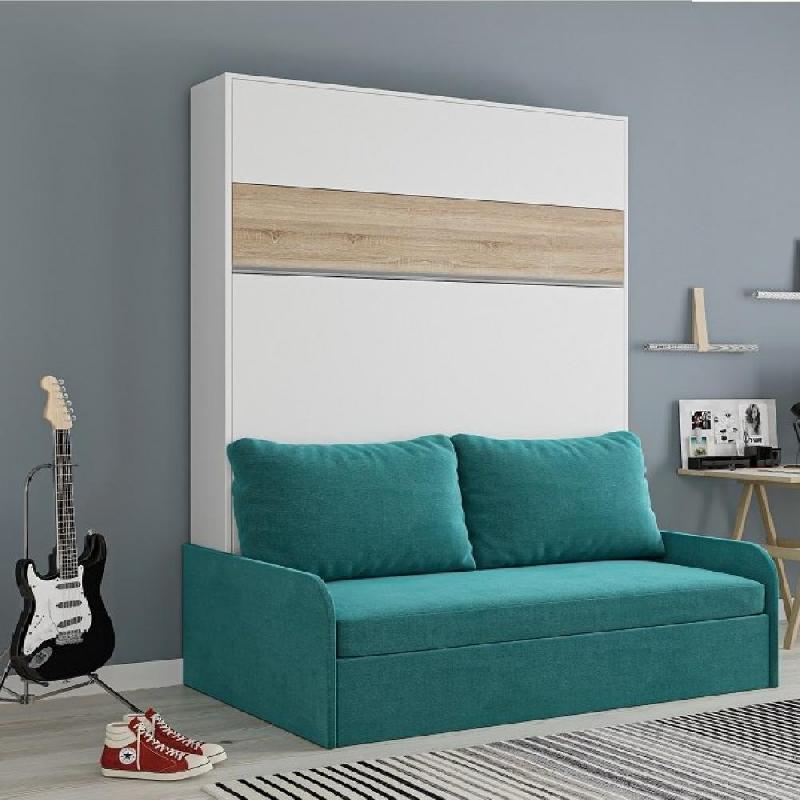 ARMOIRE LIT ESCAMOTABLE BERMUDES SOFA BLANC BANDEAU CHÊNE CANAPÉ BLEU AZUR 160*200 CM_0