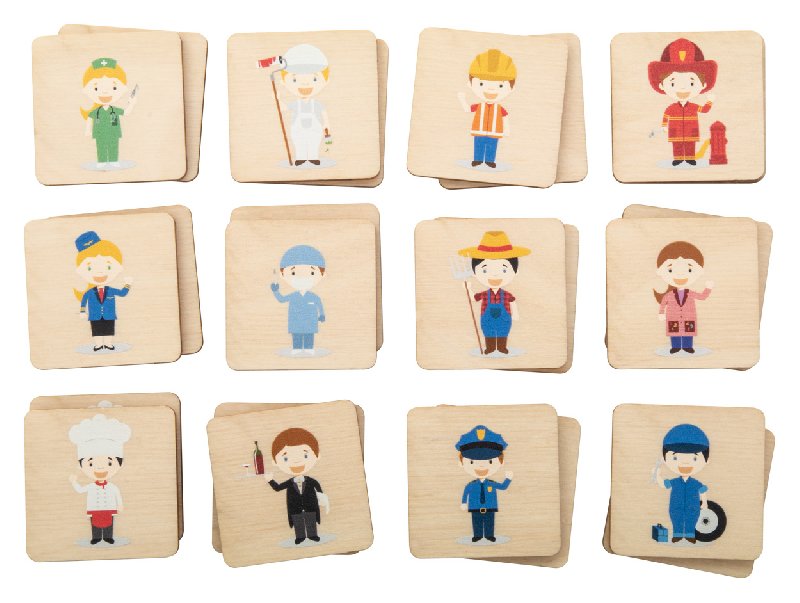 Jeu de memory en bois de bouleau laminé - professions - 24 tuiles de 40x40 mm avec logo imprimé_0