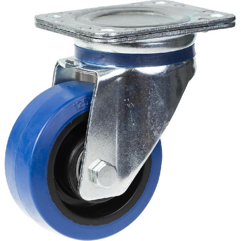 Roulette pivotante de 125 mm avec caoutchouc élastique bleu sur roue centrale en nylon_0