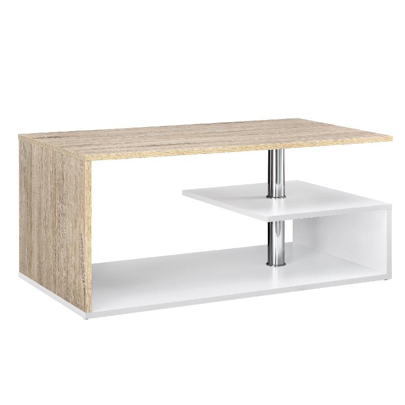 Table basse de salon - MDF haut de gamme - 90 cm - Blanc et Chêne - Avec étagère de rangement 03_0004157_0