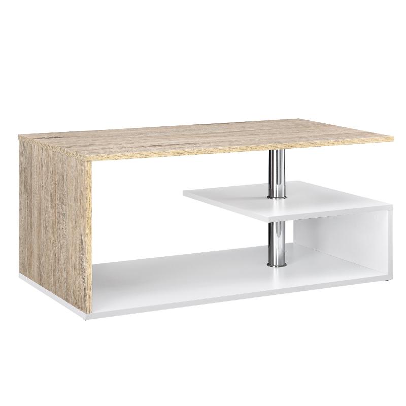 TABLE BASSE DE SALON AVEC ÉTAGÈRE RANGEMENT EN MDF 90 CM BLANC ET CHÊNE 03_0004157_0