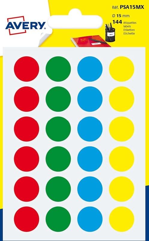 AVERY Lot de 10 Etui de 144 pastilles adhésives, diamètre 15 mm, coloris assortis (6 feuilles / cdt) - 5014702026393_0
