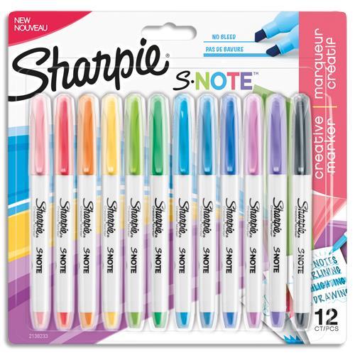 POCHETTE DE 12 MARQUEURS PERMANENTS SHARPIE S-NOTE POINTE BISEAUTEE - COLORIS ASSORTIS PASTEL