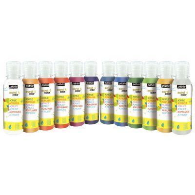 Carton de 12 flacons 150 ml de peinture ACRYLCOLOR - couleurs pailletées assorties - iridescent, or, argent, rouge et plus_0