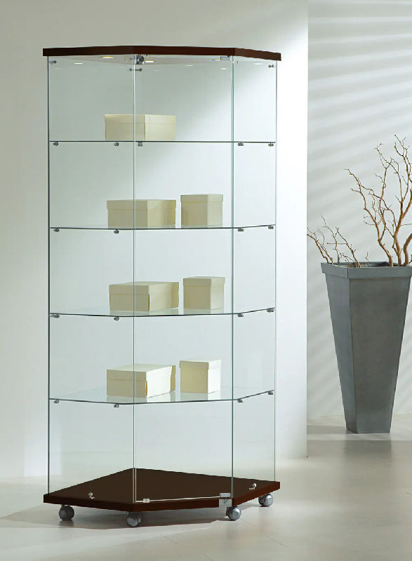 Vitrine d'angle éclairée 7/18LVA - Verre trempé - Bois wengé - 4 tablettes amovibles_0