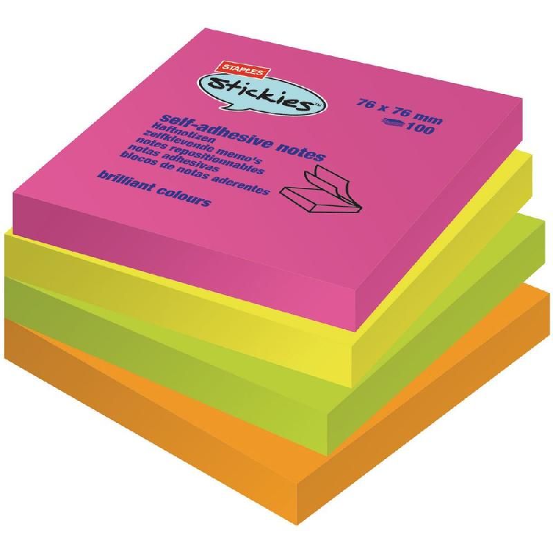 STAPLES BLOC DE NOTES ADHÉSIVES  - 76 X 76 MM - COULEUR : VIVES (PRIX UNITAIRE)